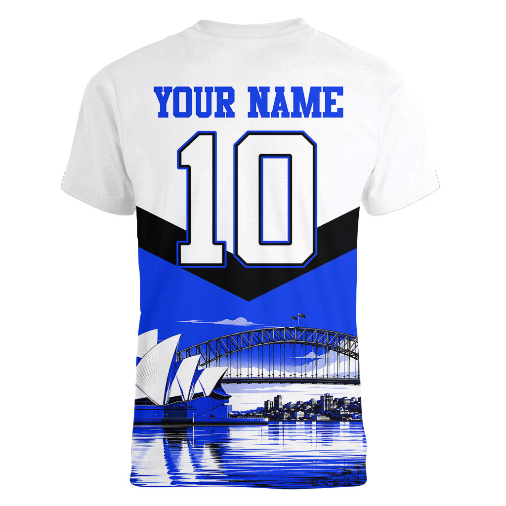 Personalised Canterbury Bankstown Bulldogs Women V-Neck T-Shirt Rugby Mascot Sydney City Skyline