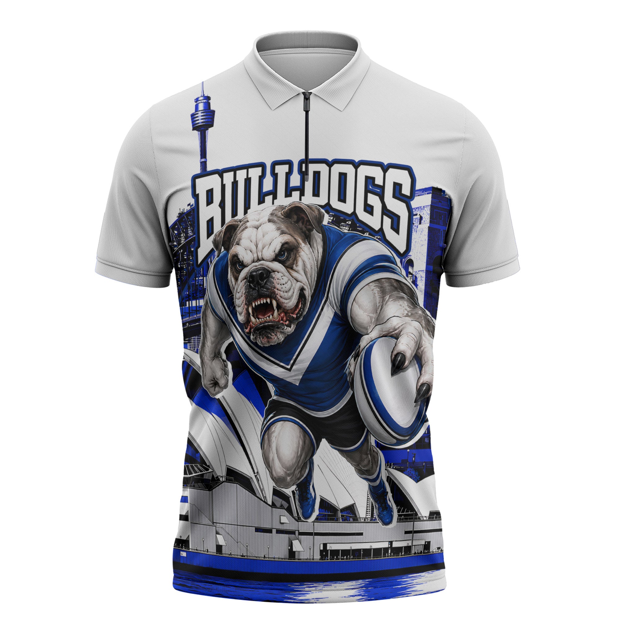 Personalised Canterbury Bankstown Bulldogs Zipper Polo Shirt Rugby Mascot Sydney City Skyline