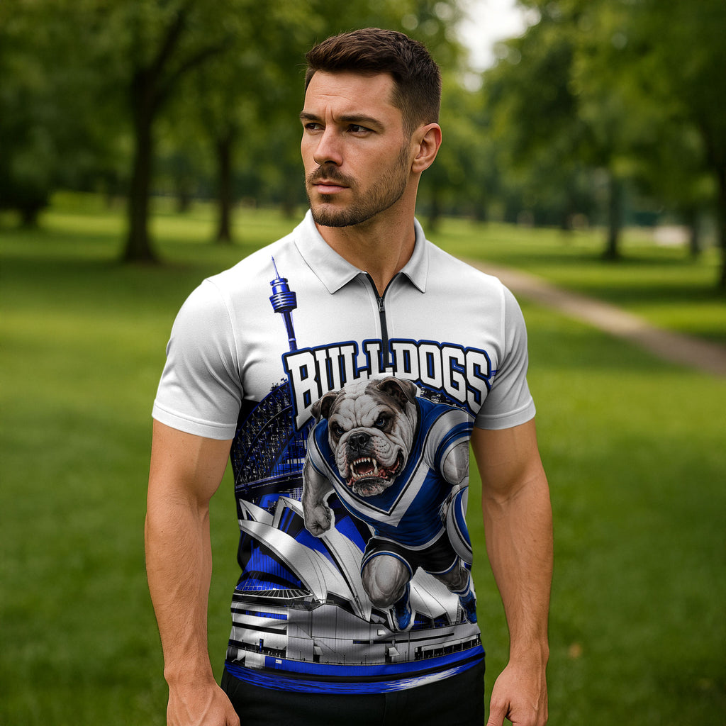 Personalised Canterbury Bankstown Bulldogs Zipper Polo Shirt Rugby Mascot Sydney City Skyline
