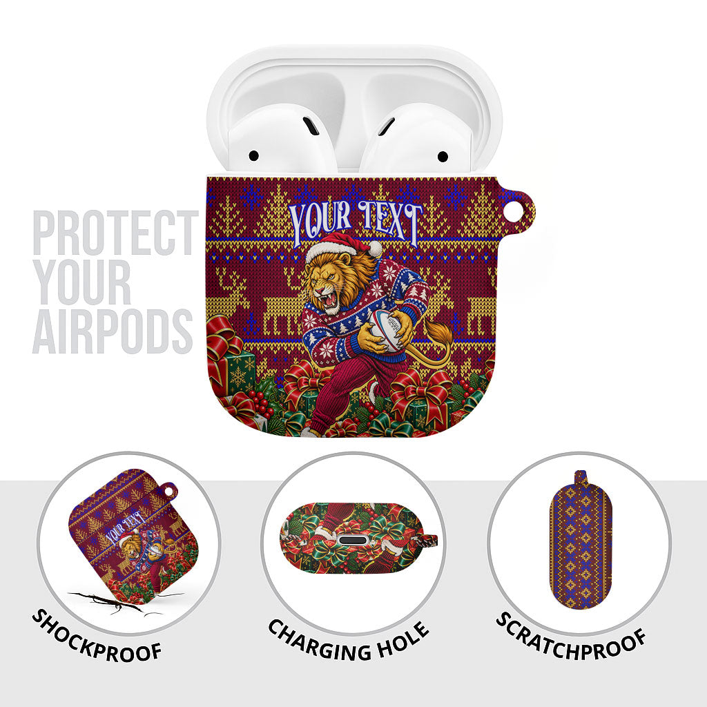 Personalized Brisbane Lions Christmas AirPods Case Australian Football Mascot - Ugly Xmas Pattern Festive