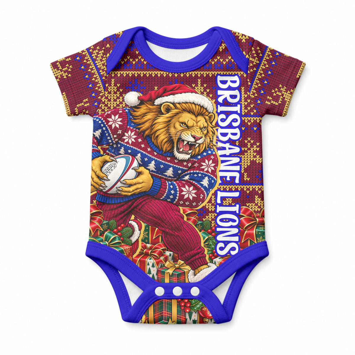 Personalized Brisbane Lions Christmas Baby Onesie Australian Football Mascot - Ugly Xmas Pattern Festive