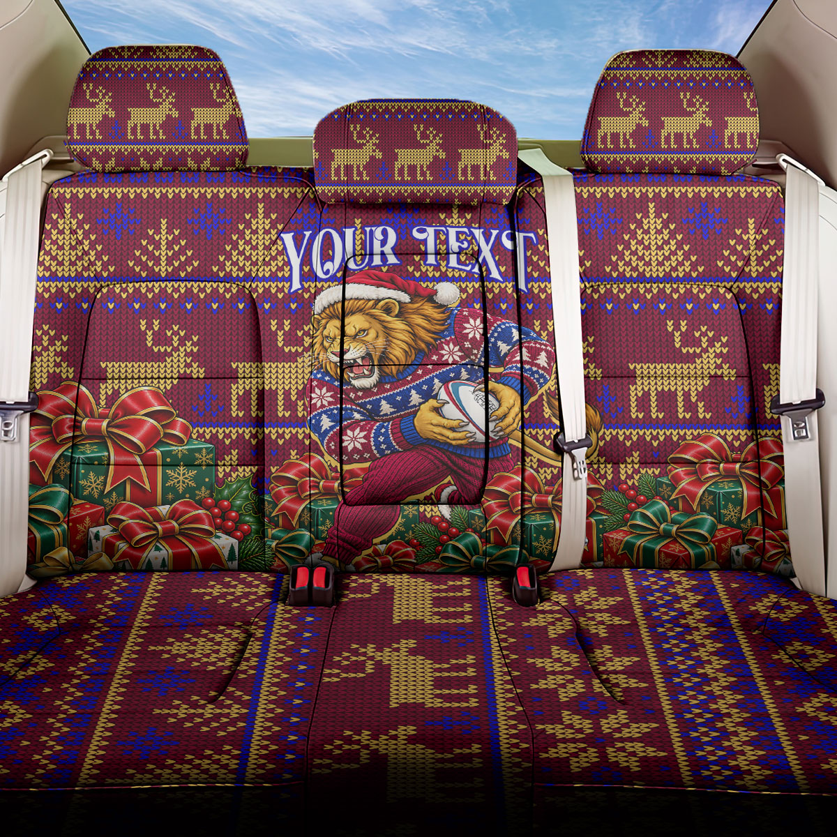 Personalized Brisbane Lions Christmas Back Car Seat Cover Australian Football Mascot - Ugly Xmas Pattern Festive