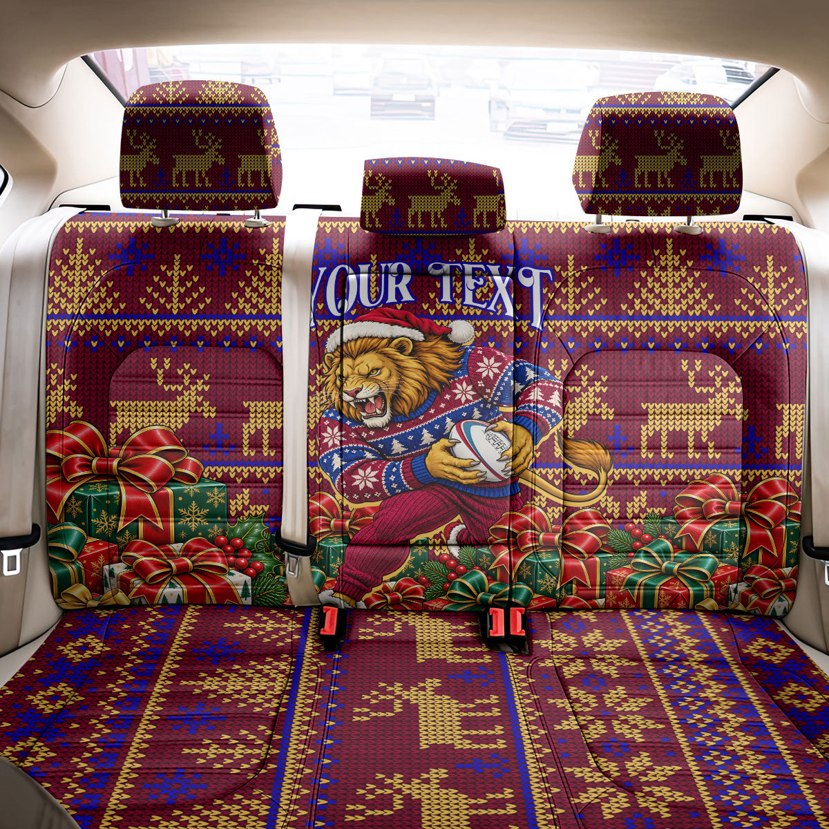 Personalized Brisbane Lions Christmas Back Car Seat Cover Australian Football Mascot - Ugly Xmas Pattern Festive