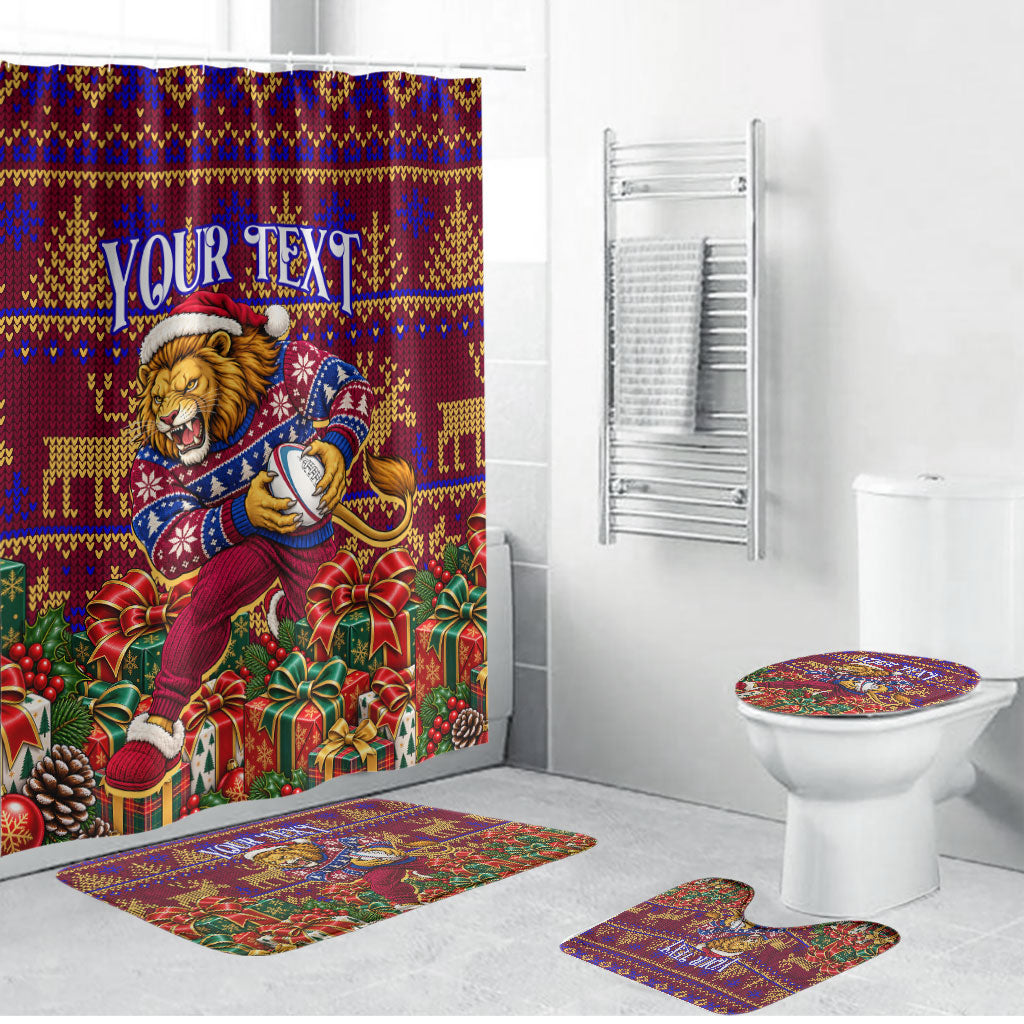Personalized Brisbane Lions Christmas Bathroom Set Australian Football Mascot - Ugly Xmas Pattern Festive
