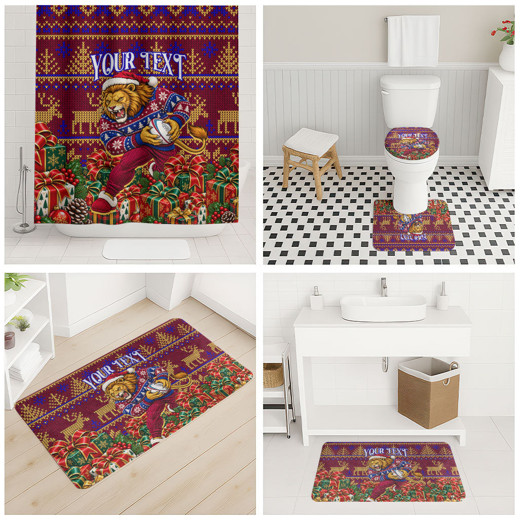 Personalized Brisbane Lions Christmas Bathroom Set Australian Football Mascot - Ugly Xmas Pattern Festive