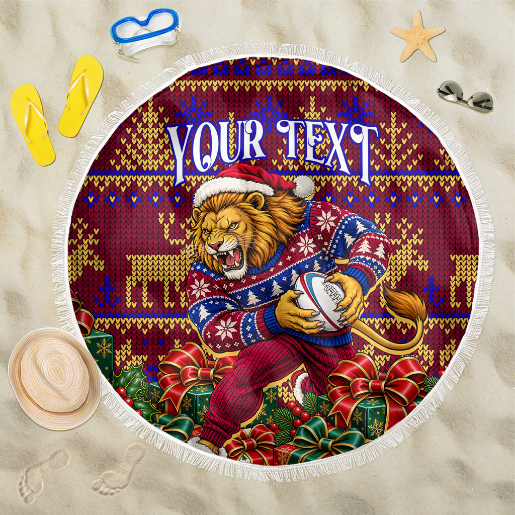 Personalized Brisbane Lions Christmas Beach Blanket Australian Football Mascot - Ugly Xmas Pattern Festive