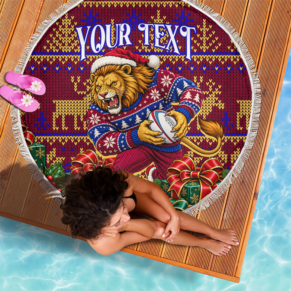 Personalized Brisbane Lions Christmas Beach Blanket Australian Football Mascot - Ugly Xmas Pattern Festive