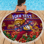 Personalized Brisbane Lions Christmas Beach Blanket Australian Football Mascot - Ugly Xmas Pattern Festive