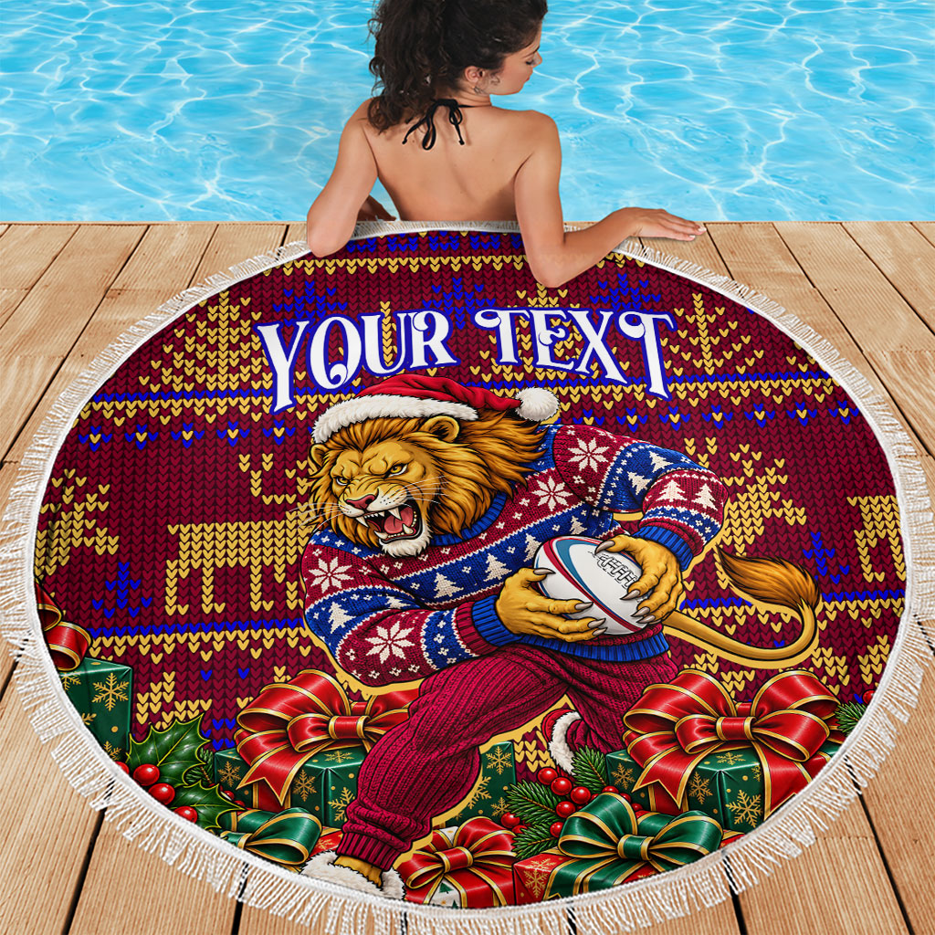 Personalized Brisbane Lions Christmas Beach Blanket Australian Football Mascot - Ugly Xmas Pattern Festive