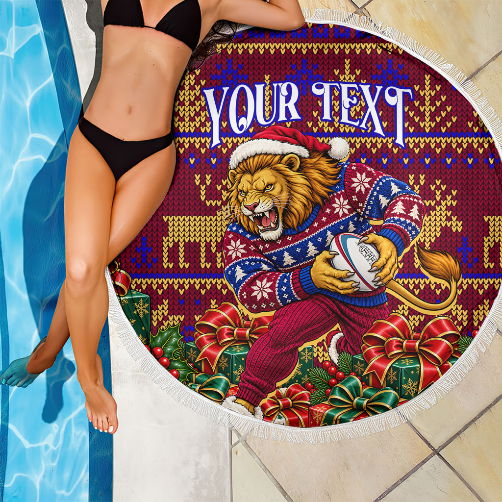 Personalized Brisbane Lions Christmas Beach Blanket Australian Football Mascot - Ugly Xmas Pattern Festive