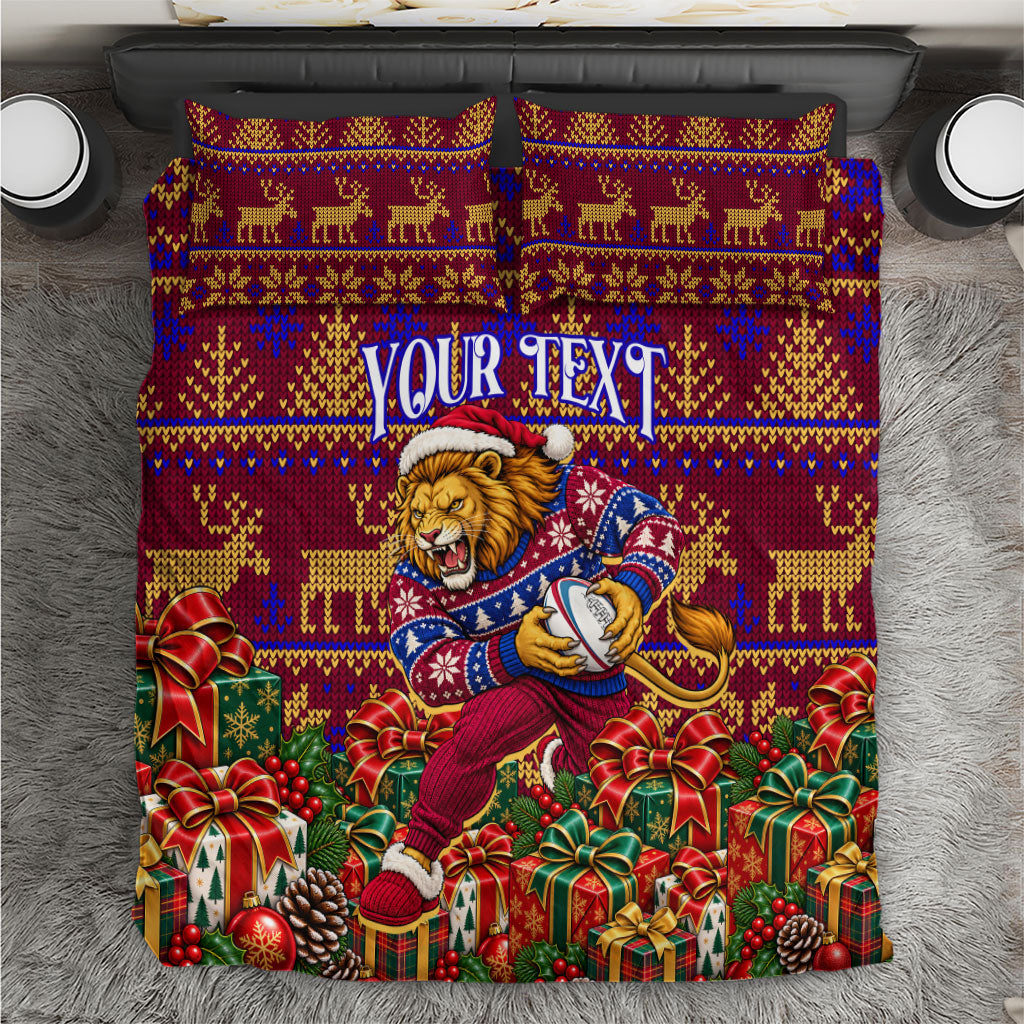 Personalized Brisbane Lions Christmas Bedding Set Australian Football Mascot - Ugly Xmas Pattern Festive