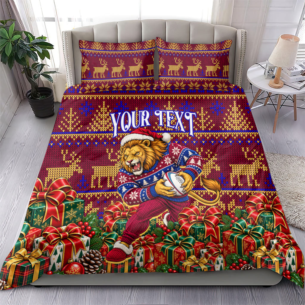 Personalized Brisbane Lions Christmas Bedding Set Australian Football Mascot - Ugly Xmas Pattern Festive