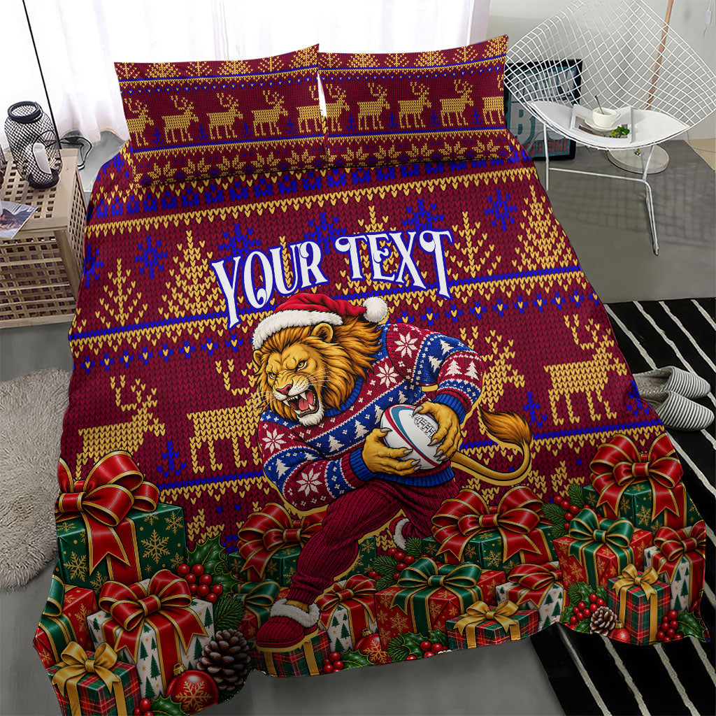 Personalized Brisbane Lions Christmas Bedding Set Australian Football Mascot - Ugly Xmas Pattern Festive