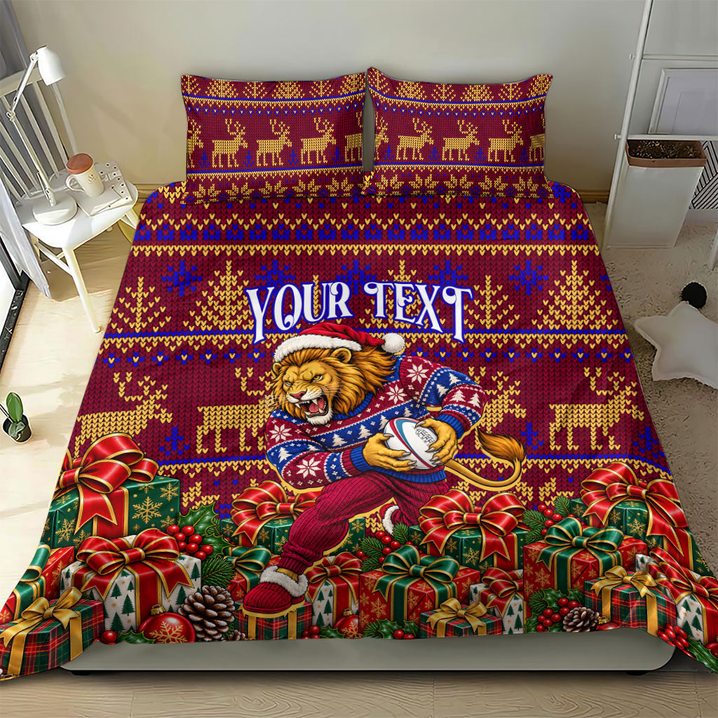 Personalized Brisbane Lions Christmas Bedding Set Australian Football Mascot - Ugly Xmas Pattern Festive