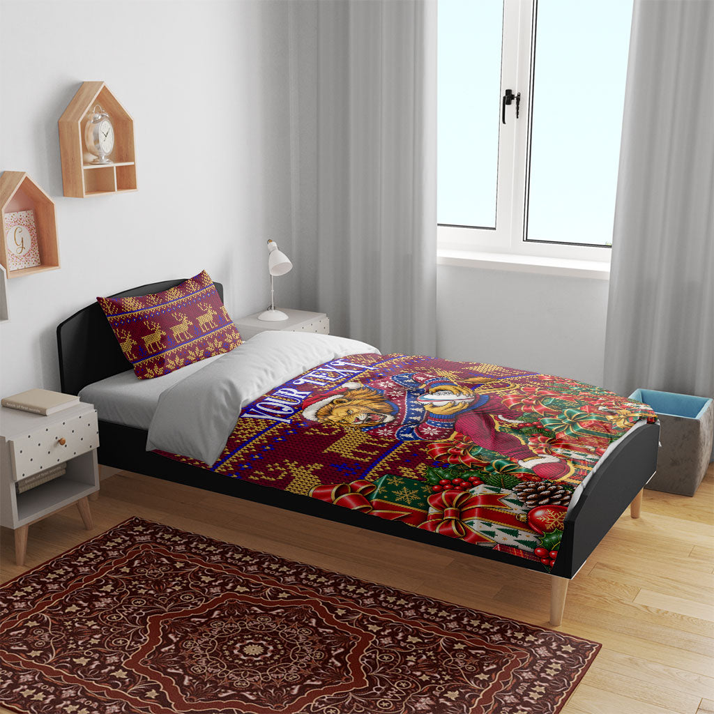 Personalized Brisbane Lions Christmas Bedding Set Australian Football Mascot - Ugly Xmas Pattern Festive