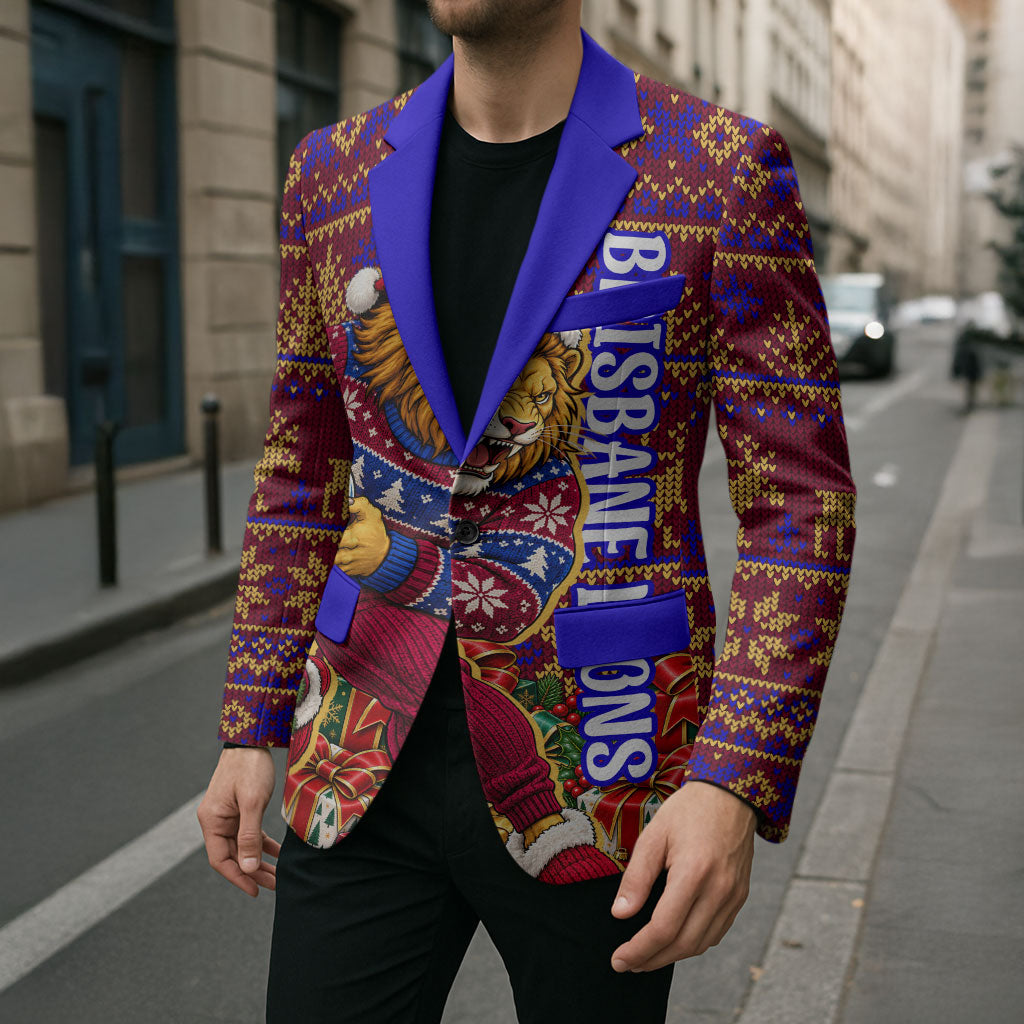 Personalized Brisbane Lions Christmas Blazer Australian Football Mascot - Ugly Xmas Pattern Festive