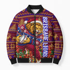 Personalized Brisbane Lions Christmas Bomber Puffer Jacket Australian Football Mascot - Ugly Xmas Pattern Festive