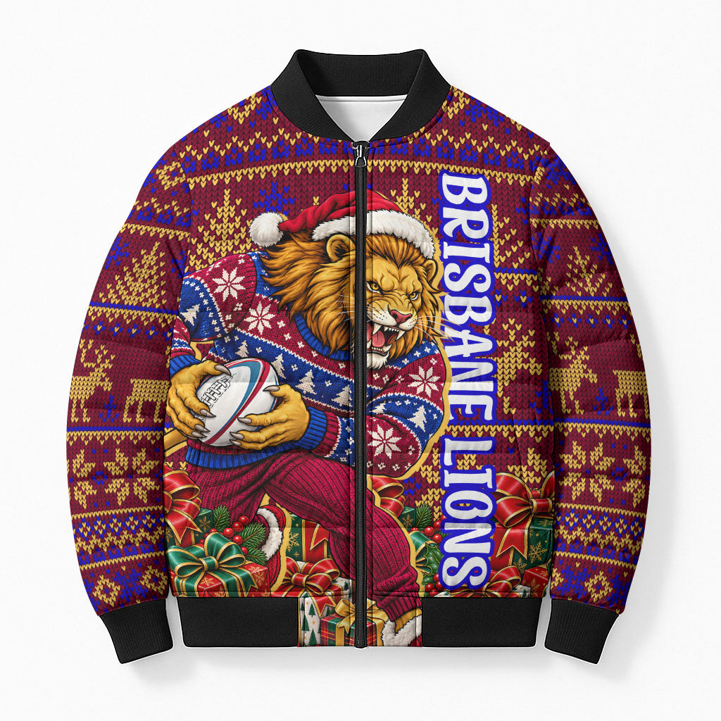 Personalized Brisbane Lions Christmas Bomber Puffer Jacket Australian Football Mascot - Ugly Xmas Pattern Festive