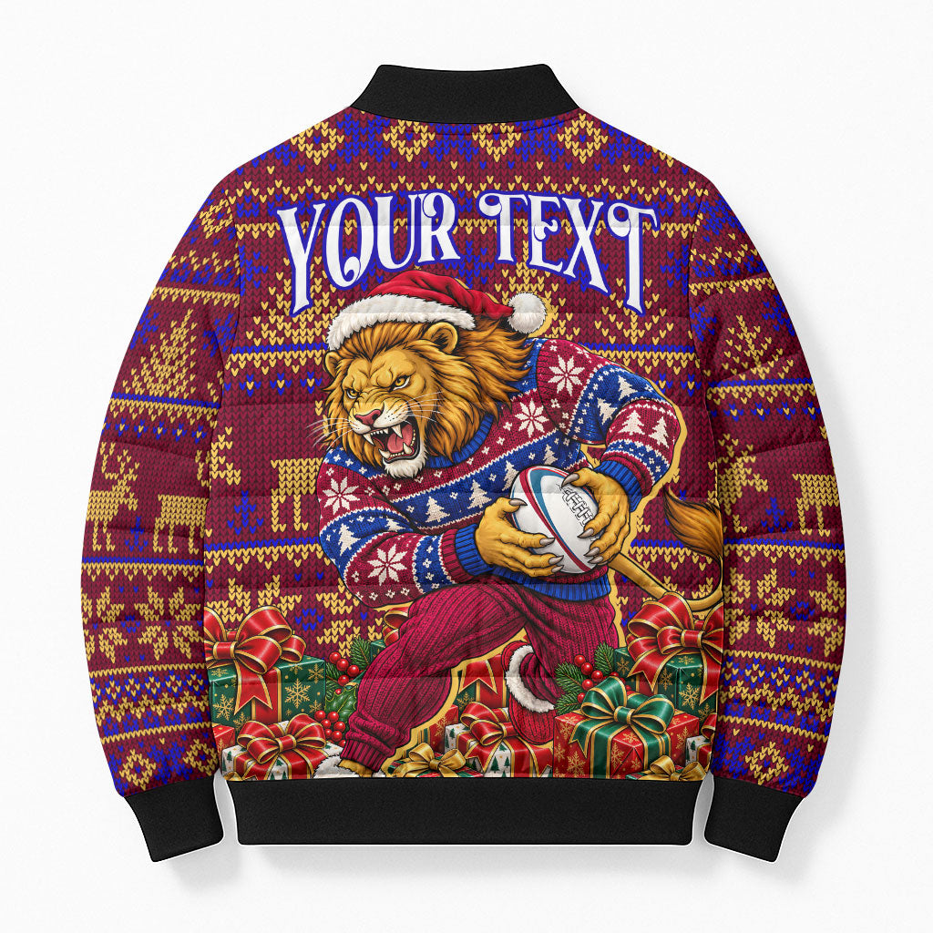 Personalized Brisbane Lions Christmas Bomber Puffer Jacket Australian Football Mascot - Ugly Xmas Pattern Festive