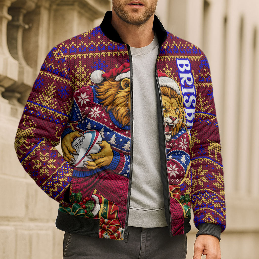 Personalized Brisbane Lions Christmas Bomber Puffer Jacket Australian Football Mascot - Ugly Xmas Pattern Festive