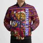 Personalized Brisbane Lions Christmas Bomber Puffer Jacket Australian Football Mascot - Ugly Xmas Pattern Festive
