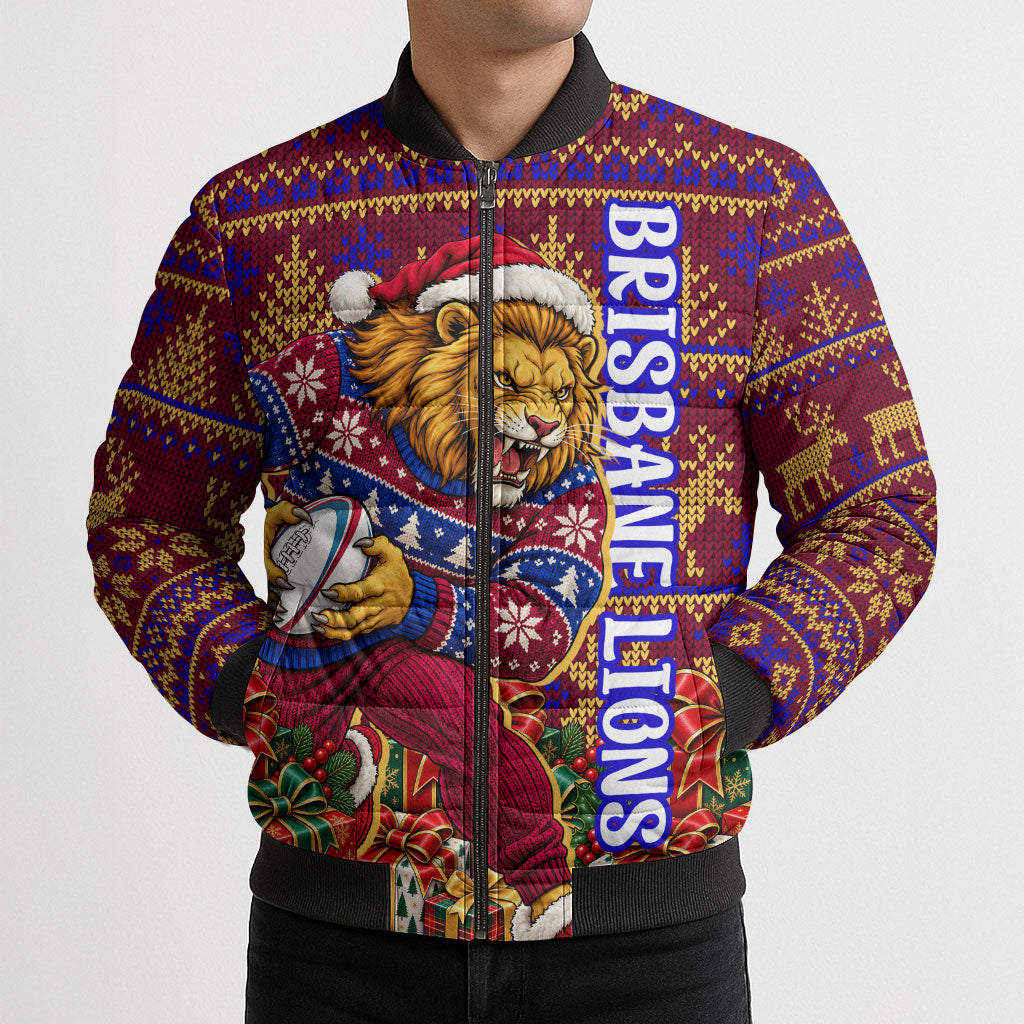 Personalized Brisbane Lions Christmas Bomber Puffer Jacket Australian Football Mascot - Ugly Xmas Pattern Festive