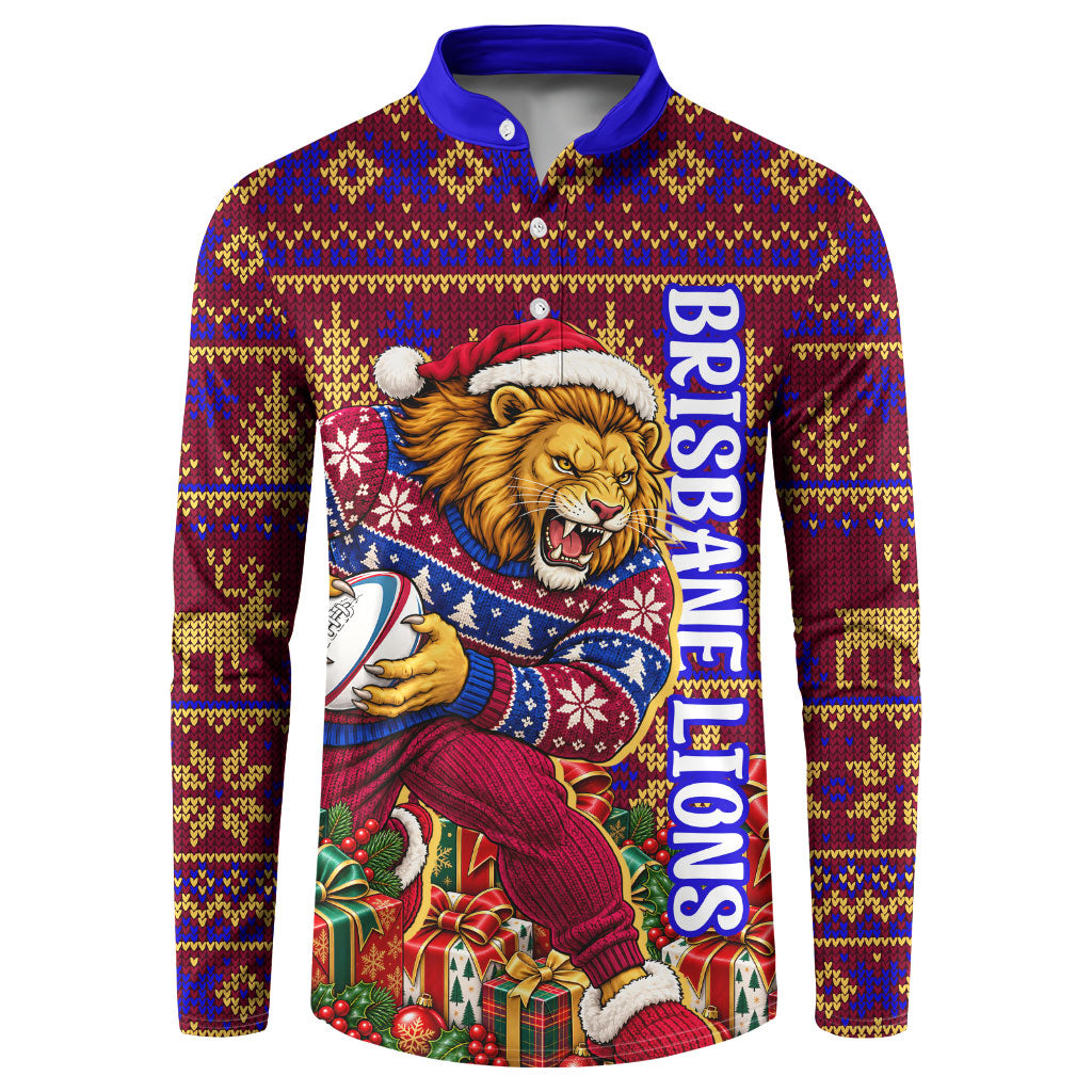 Personalized Brisbane Lions Christmas Button Sweatshirt Australian Football Mascot - Ugly Xmas Pattern Festive