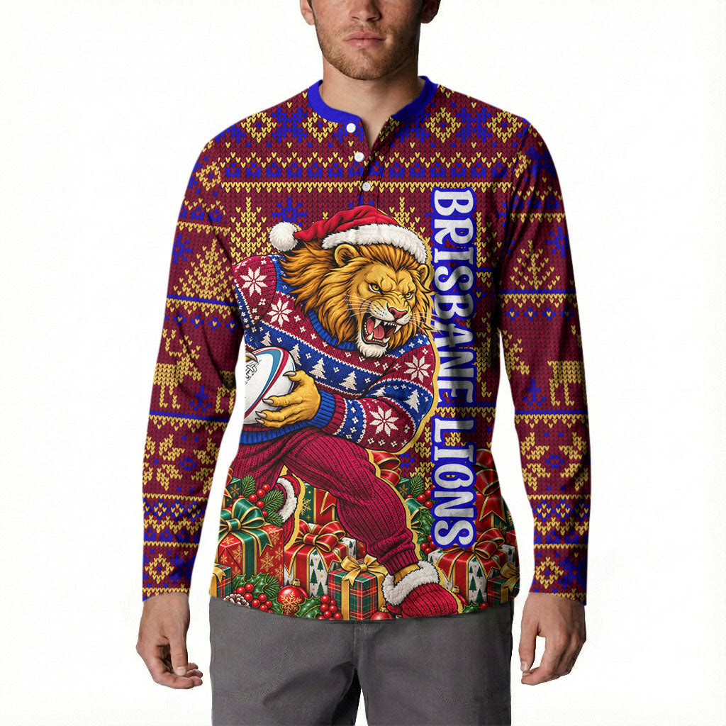 Personalized Brisbane Lions Christmas Button Sweatshirt Australian Football Mascot - Ugly Xmas Pattern Festive