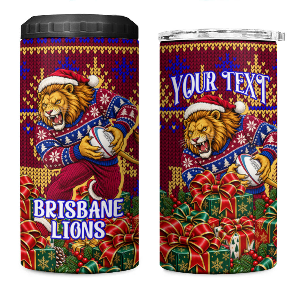 Personalized Brisbane Lions Christmas 4 in 1 Can Cooler Tumbler Australian Football Mascot - Ugly Xmas Pattern Festive