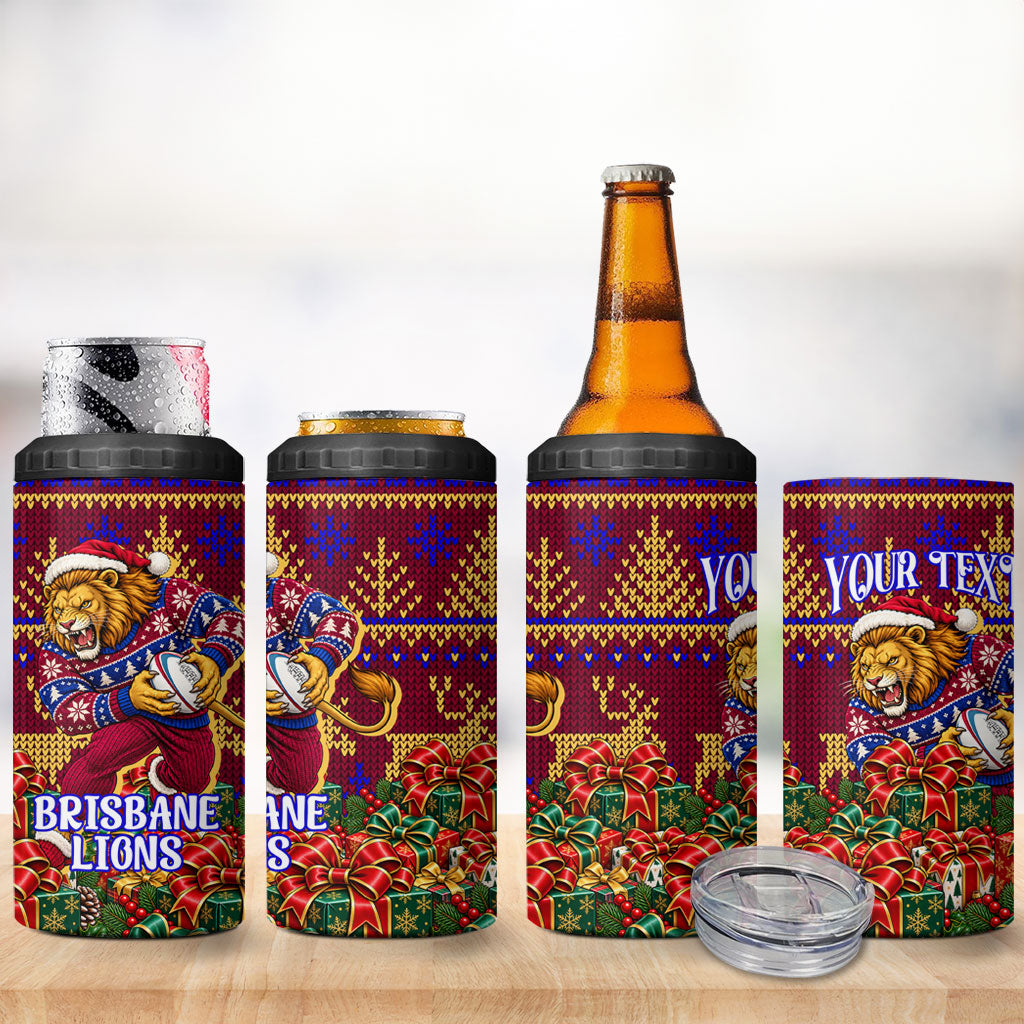 Personalized Brisbane Lions Christmas 4 in 1 Can Cooler Tumbler Australian Football Mascot - Ugly Xmas Pattern Festive