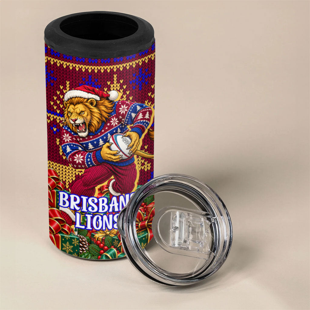 Personalized Brisbane Lions Christmas 4 in 1 Can Cooler Tumbler Australian Football Mascot - Ugly Xmas Pattern Festive