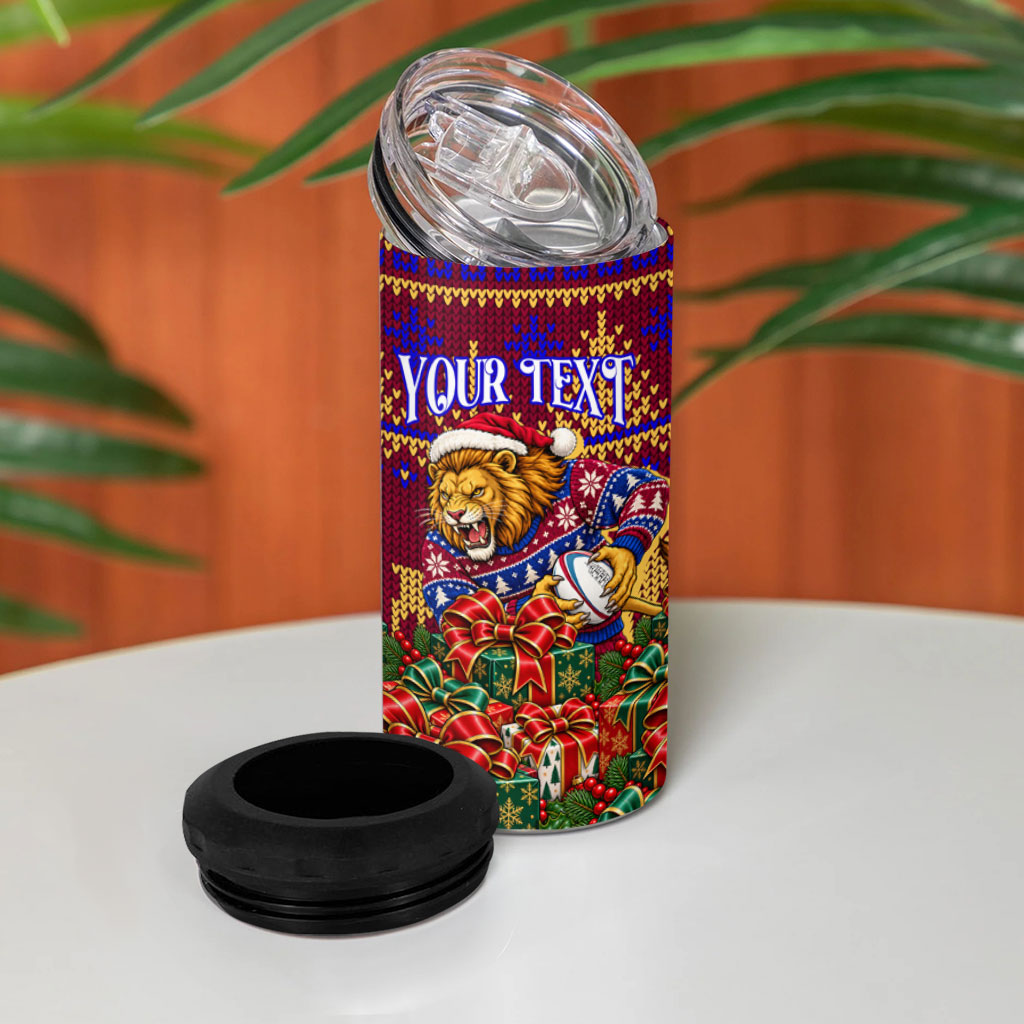 Personalized Brisbane Lions Christmas 4 in 1 Can Cooler Tumbler Australian Football Mascot - Ugly Xmas Pattern Festive