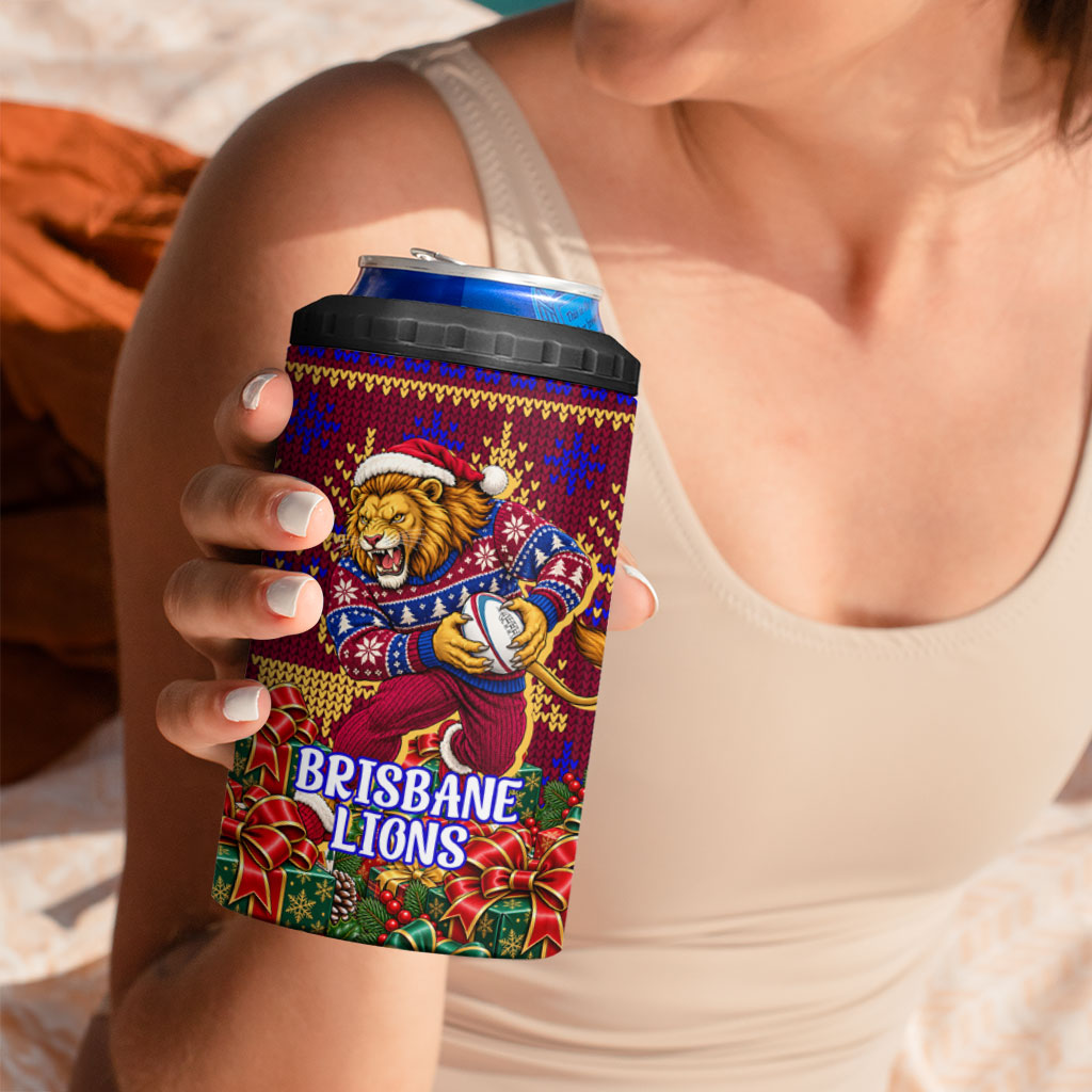 Personalized Brisbane Lions Christmas 4 in 1 Can Cooler Tumbler Australian Football Mascot - Ugly Xmas Pattern Festive