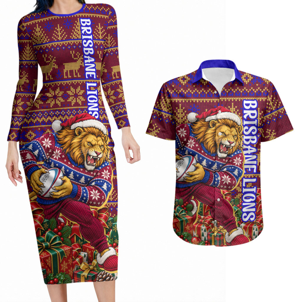 Personalized Brisbane Lions Christmas Couples Matching Long Sleeve Bodycon Dress and Hawaiian Shirt Australian Football Mascot - Ugly Xmas Pattern Festive