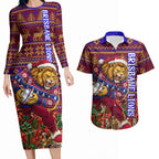 Personalized Brisbane Lions Christmas Couples Matching Long Sleeve Bodycon Dress and Hawaiian Shirt Australian Football Mascot - Ugly Xmas Pattern Festive