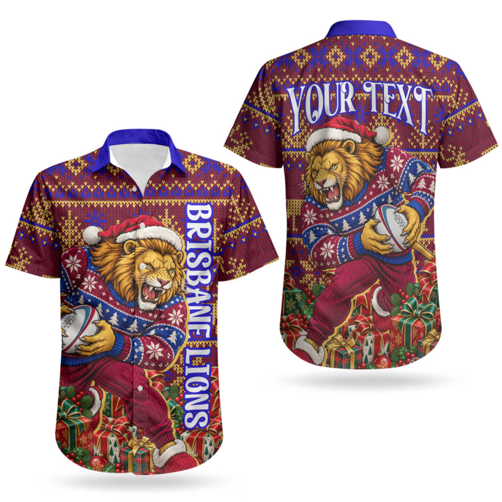 Personalized Brisbane Lions Christmas Couples Matching Long Sleeve Bodycon Dress and Hawaiian Shirt Australian Football Mascot - Ugly Xmas Pattern Festive