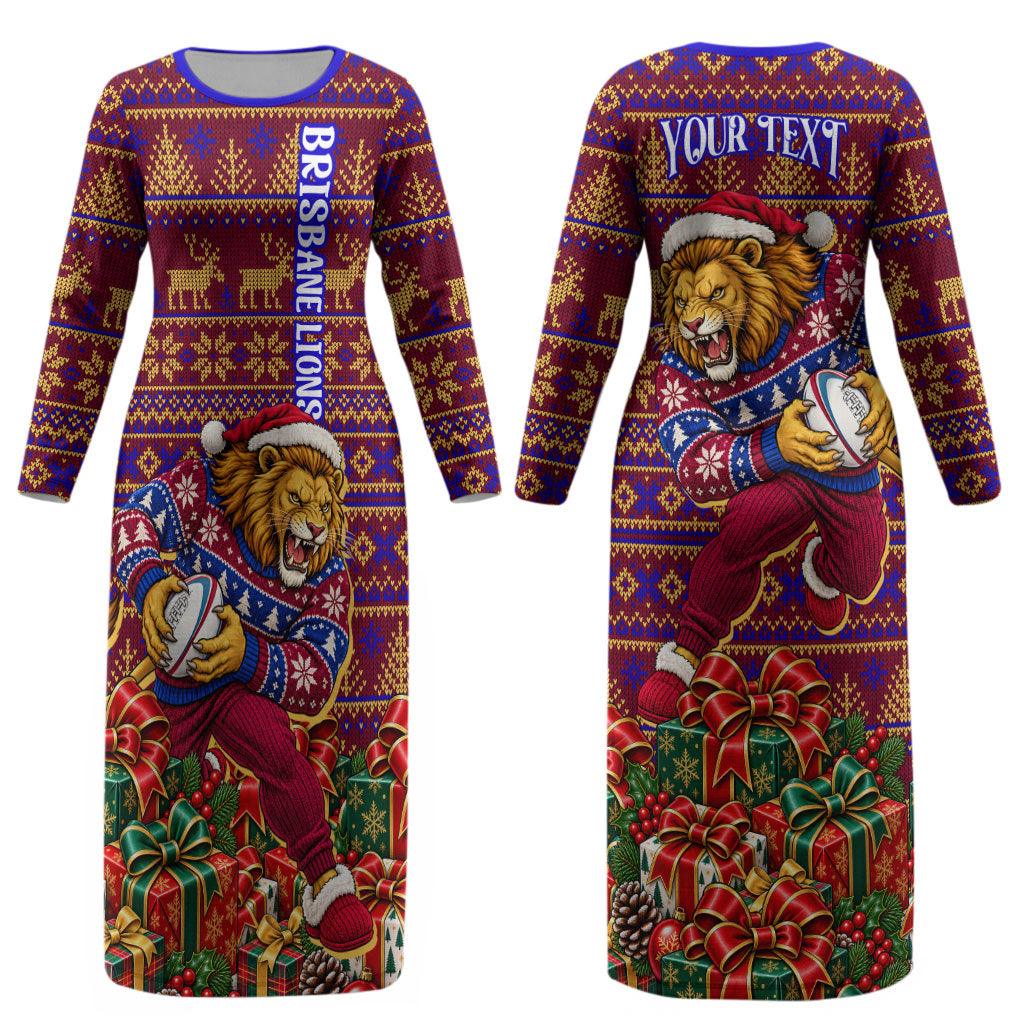 Personalized Brisbane Lions Christmas Couples Matching Long Sleeve Bodycon Dress and Hawaiian Shirt Australian Football Mascot - Ugly Xmas Pattern Festive