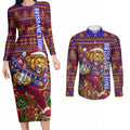 Personalized Brisbane Lions Christmas Couples Matching Long Sleeve Bodycon Dress and Long Sleeve Button Shirt Australian Football Mascot - Ugly Xmas Pattern Festive