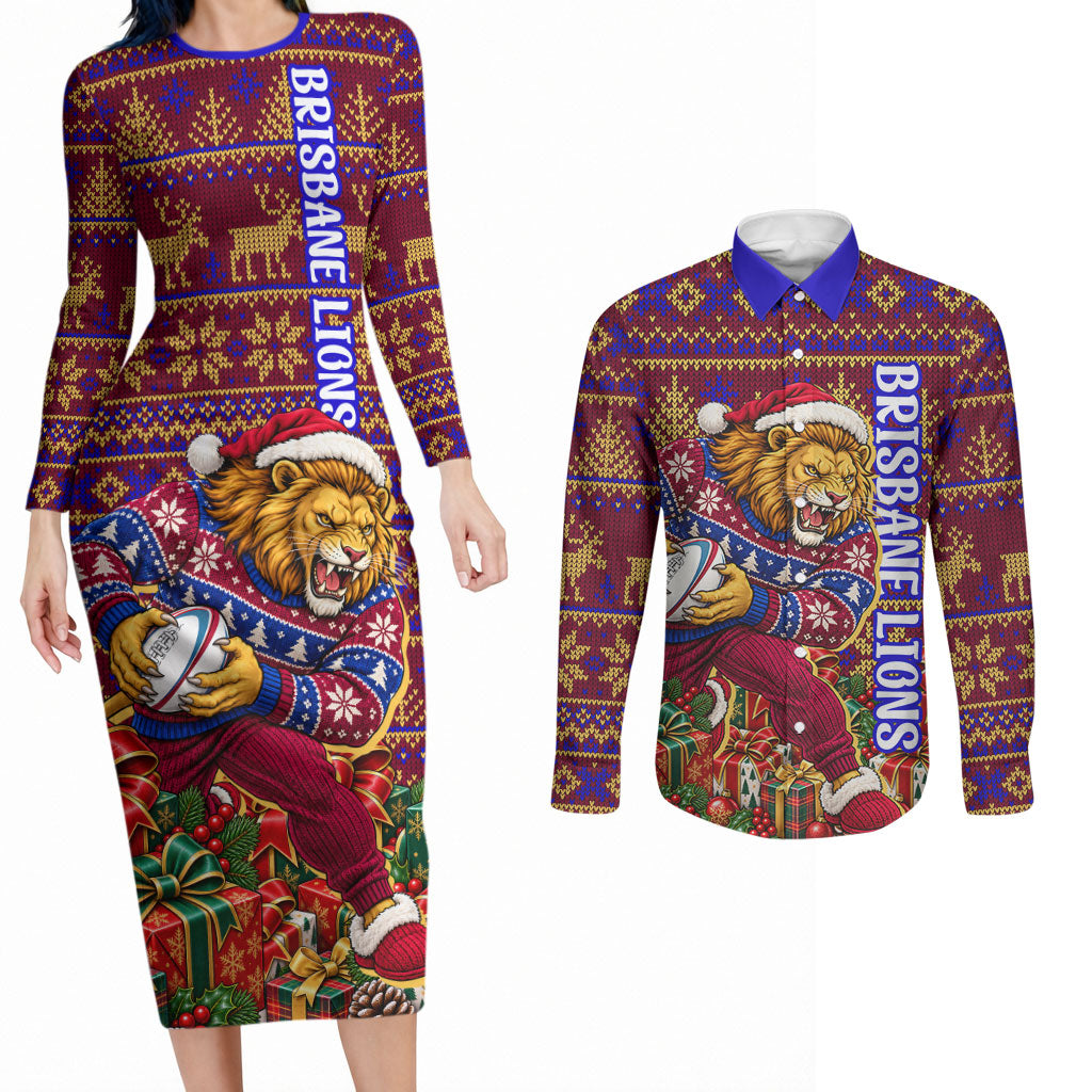 Personalized Brisbane Lions Christmas Couples Matching Long Sleeve Bodycon Dress and Long Sleeve Button Shirt Australian Football Mascot - Ugly Xmas Pattern Festive
