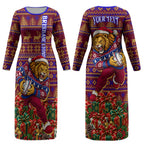 Personalized Brisbane Lions Christmas Couples Matching Long Sleeve Bodycon Dress and Long Sleeve Button Shirt Australian Football Mascot - Ugly Xmas Pattern Festive
