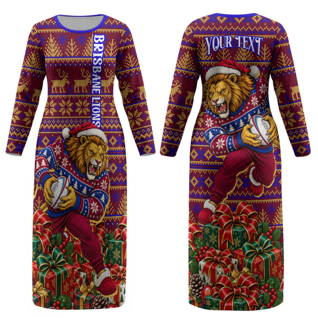 Personalized Brisbane Lions Christmas Couples Matching Long Sleeve Bodycon Dress and Long Sleeve Button Shirt Australian Football Mascot - Ugly Xmas Pattern Festive