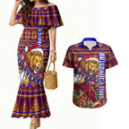 Personalized Brisbane Lions Christmas Couples Matching Mermaid Dress and Hawaiian Shirt Australian Football Mascot - Ugly Xmas Pattern Festive