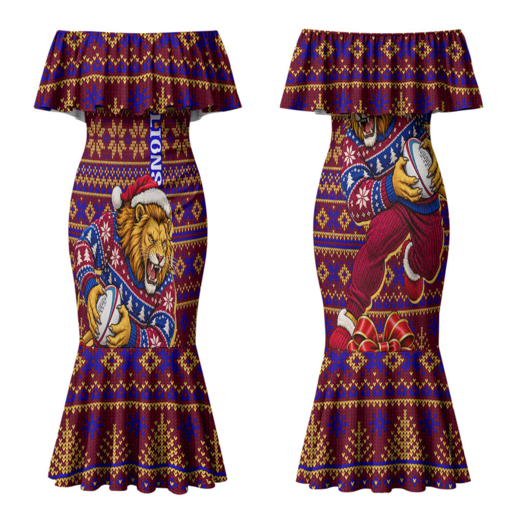 Personalized Brisbane Lions Christmas Couples Matching Mermaid Dress and Hawaiian Shirt Australian Football Mascot - Ugly Xmas Pattern Festive