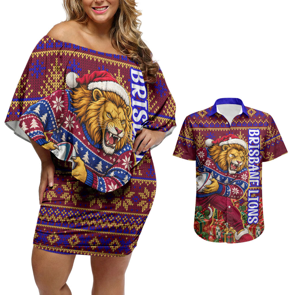 Personalized Brisbane Lions Christmas Couples Matching Off Shoulder Short Dress and Hawaiian Shirt Australian Football Mascot - Ugly Xmas Pattern Festive