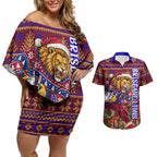 Personalized Brisbane Lions Christmas Couples Matching Off Shoulder Short Dress and Hawaiian Shirt Australian Football Mascot - Ugly Xmas Pattern Festive