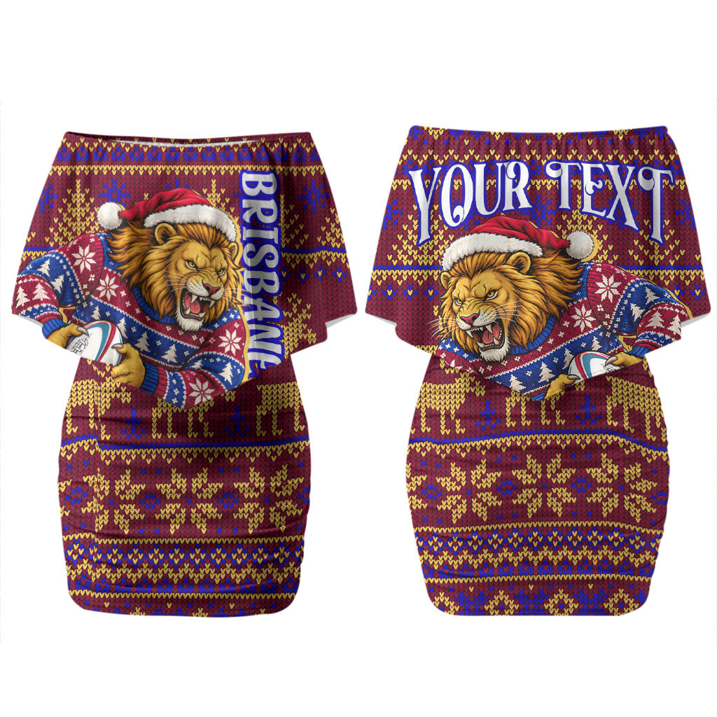 Personalized Brisbane Lions Christmas Couples Matching Off Shoulder Short Dress and Hawaiian Shirt Australian Football Mascot - Ugly Xmas Pattern Festive
