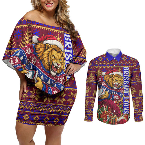 Personalized Brisbane Lions Christmas Couples Matching Off Shoulder Short Dress and Long Sleeve Button Shirt Australian Football Mascot - Ugly Xmas Pattern Festive