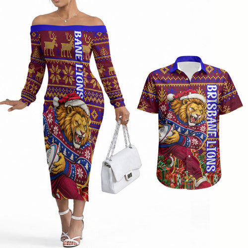 Personalized Brisbane Lions Christmas Couples Matching Off The Shoulder Long Sleeve Dress and Hawaiian Shirt Australian Football Mascot - Ugly Xmas Pattern Festive