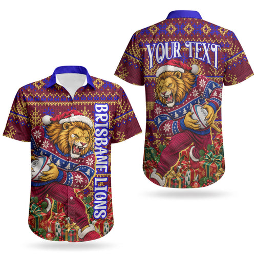 Personalized Brisbane Lions Christmas Couples Matching Off The Shoulder Long Sleeve Dress and Hawaiian Shirt Australian Football Mascot - Ugly Xmas Pattern Festive