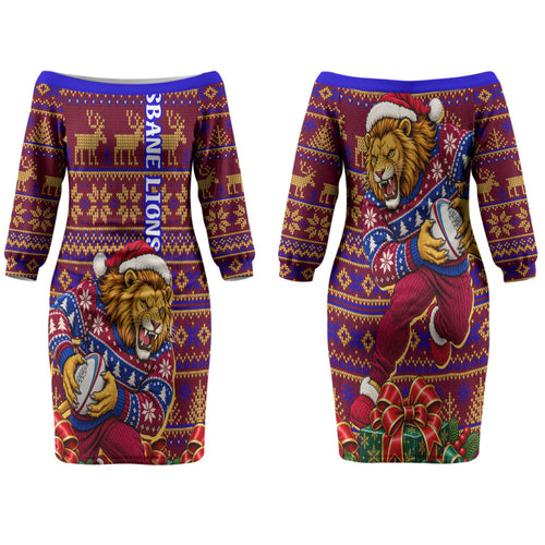 Personalized Brisbane Lions Christmas Couples Matching Off The Shoulder Long Sleeve Dress and Hawaiian Shirt Australian Football Mascot - Ugly Xmas Pattern Festive